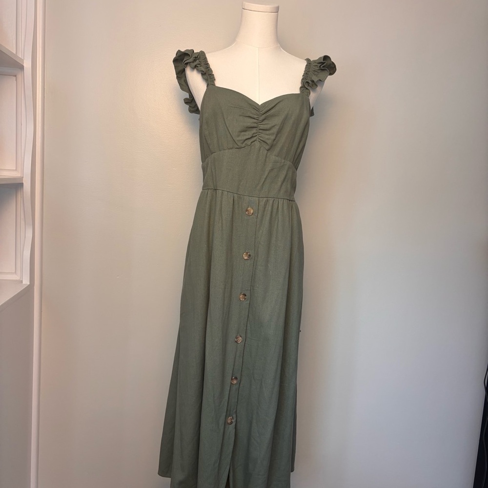 Audrey Parks Francesca’s Button Up Zip Back Maxi Dress Cap Sleeves Pockets